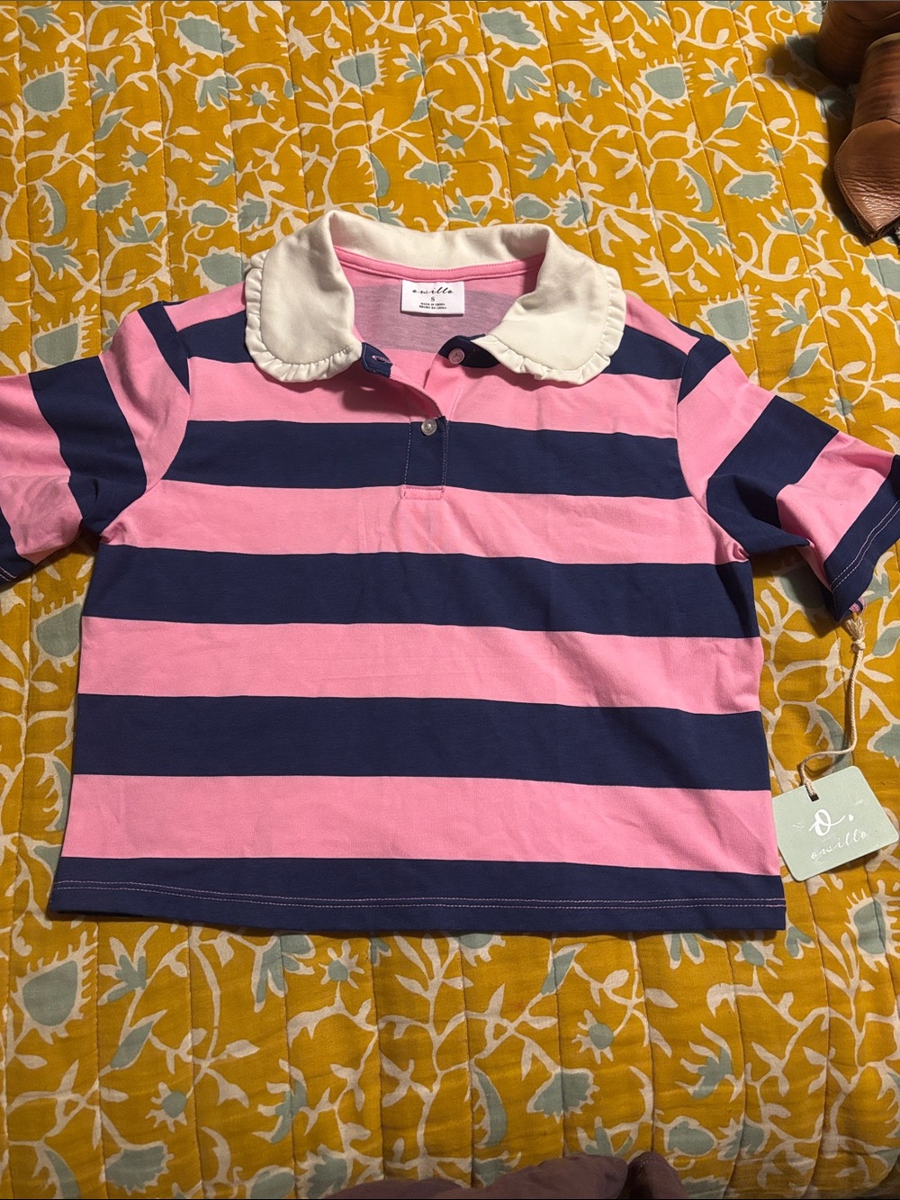 NWT Owillo Target Girls Striped Collared Top Pink Navy Ruffle Short Sleeve T